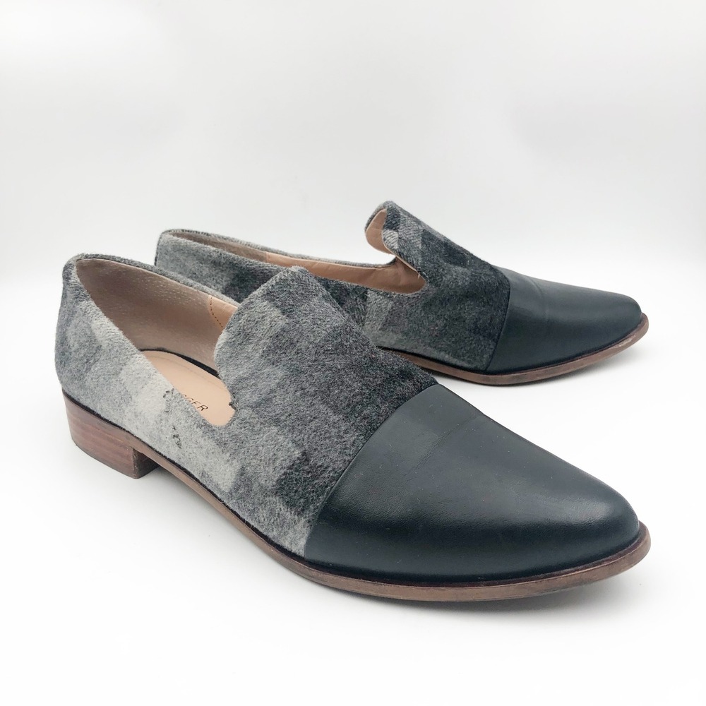 Kelsi Dagger Brooklyn Shoes Womens 11 Grey Plaid Wool Black Leather Loafers